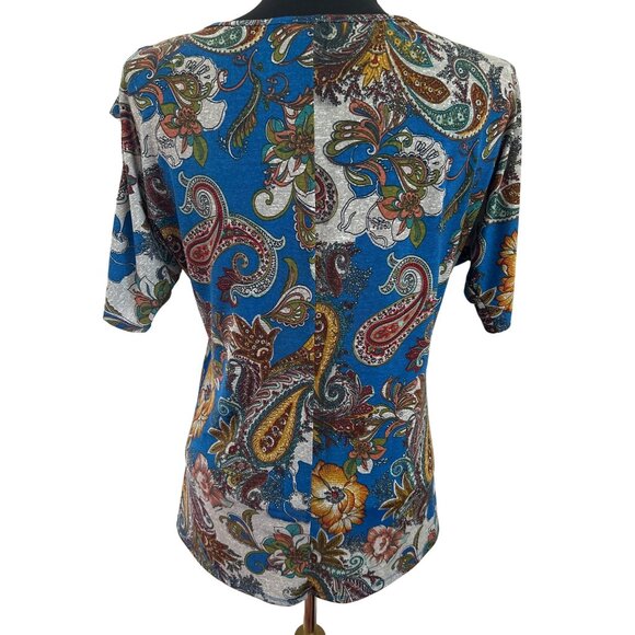 Lavish Brand Blue Floral Print Top With Sleeve Cutouts, Size Medium - Picture 3 of 7